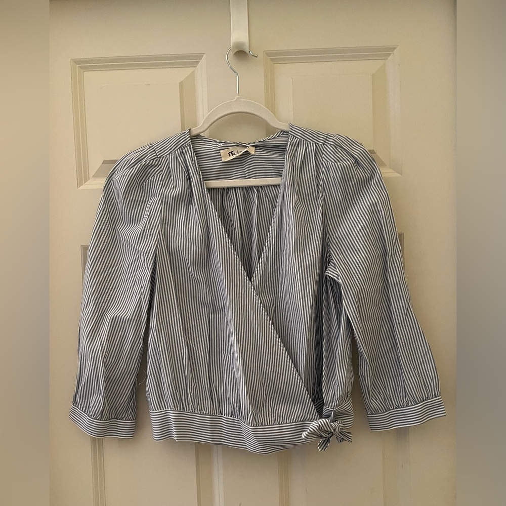 Madewell Crop Blue & White Striped Cotton crossover blouse size small front tie